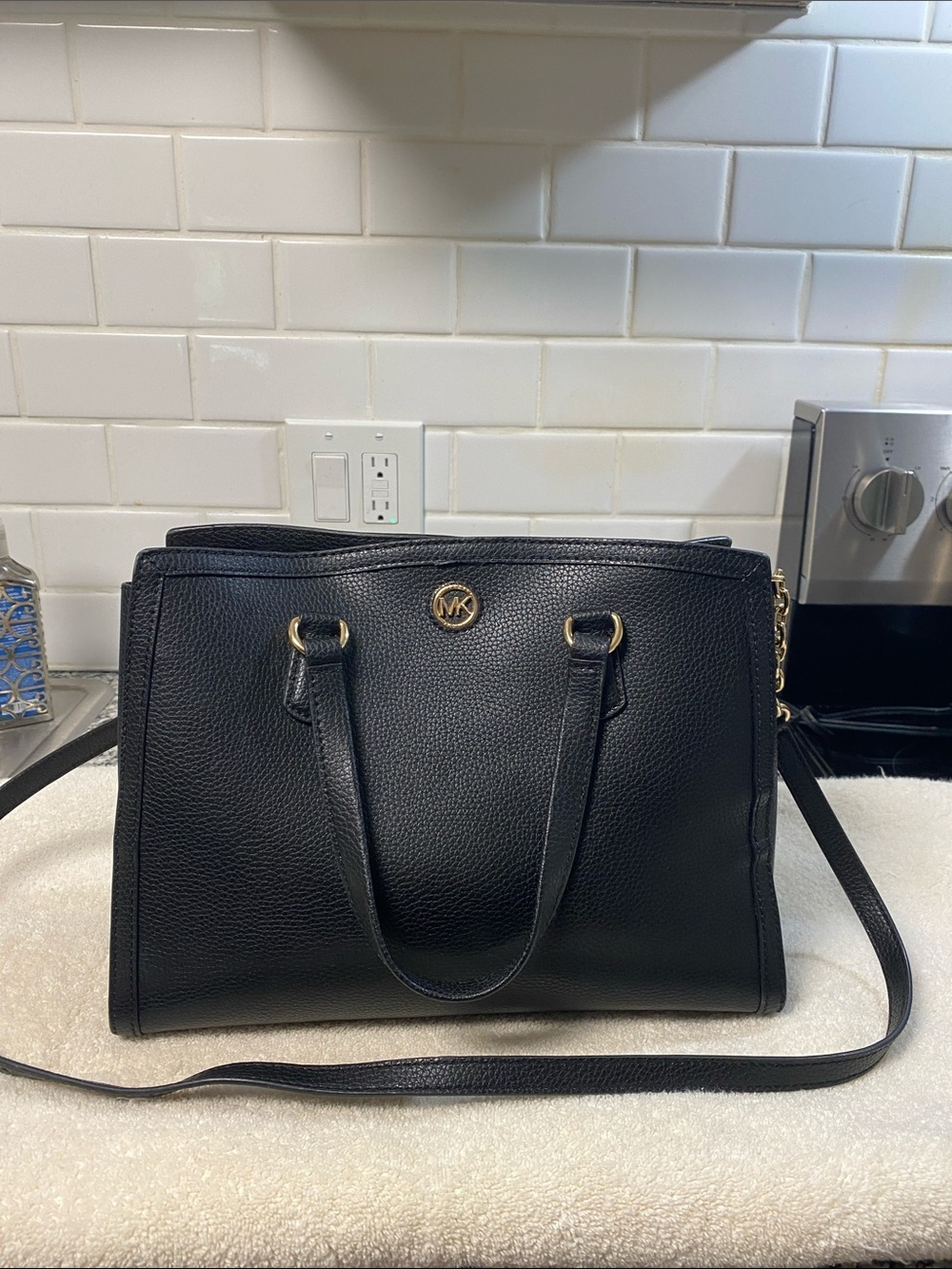 Michael Kors Black Pebbled Leather Tote with Gold-Tone Logo - Picture 1 of 16